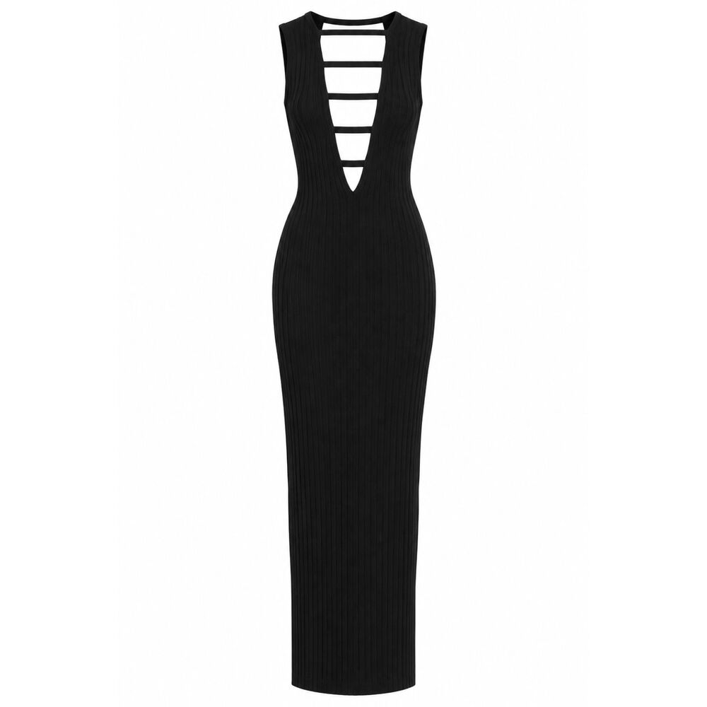 Ronny Kobo Opal Black Cutout Knit Maxi Dress NWT